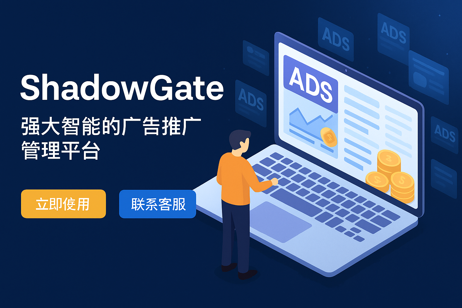 ShadowGate 推广系统首页展示，集成智能跳转与广告投放功能界面